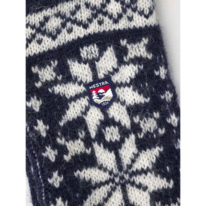 Hestra navy and white patterned wool knit fabric with Hestra brand logo patch