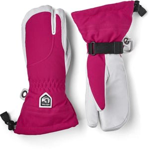 Hestra pink and grey three finger ski mittens with adjustable wrist straps