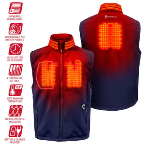 Gerbing heated vest showing four heating zones and product features