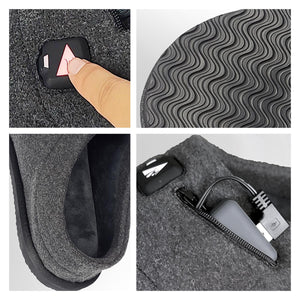 ActionHeat heated slipper features including power button, rubber sole, interior lining, and battery charging port