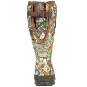 Back view of Muck camouflage tall rubber boot with adjustable strap