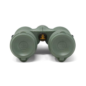 Olive green binoculars with lens caps attached