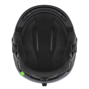 Interior view of a black K2 ski helmet showing the padded lining and adjustable fit system