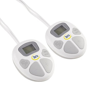 Two white Serta heated blanket controllers with digital displays and buttons