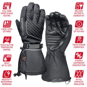 Gerbing heated gloves with feature icons highlighting battery life, waterproof membrane, and touch screen compatibility