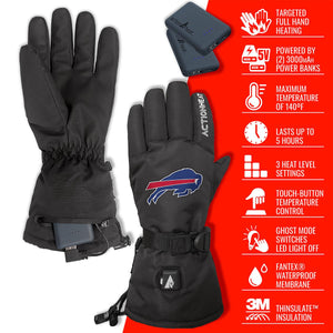 ActionHeat black heated gloves with Buffalo Bills logo and feature list
