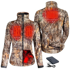 ActionHeat camo heated jacket showing heating element dimensions and battery pack