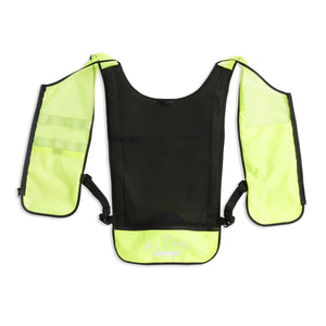 High visibility neon yellow running vest with black mesh back panel and side pockets