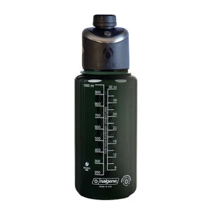 Dark green Nalgene water bottle with measurement markings in milliliters and ounces