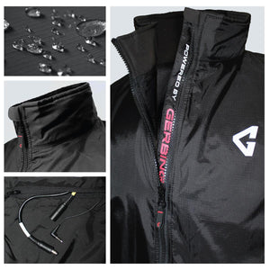 Gerbing heated jacket details showing water repellent fabric, collar, power cable, and front zipper branding