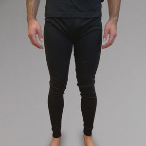 Merino Skins black thermal leggings worn by a man