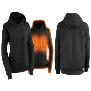 NexGen black zip up hoodie with heated chest panels shown from front and back
