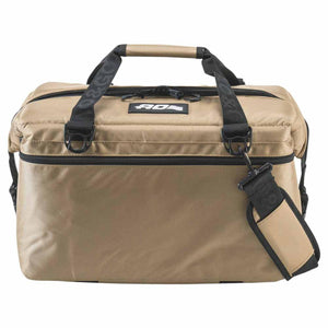 Tan AO Coolers soft sided cooler bag with black handles and shoulder strap