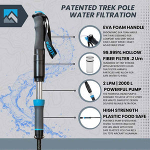 Purtrek trekking pole water filtration system features including foam handle hollow fiber filter pump and aluminum body