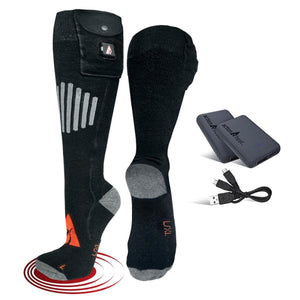 ActionHeat black battery heated socks with two power banks and a USB charging cable