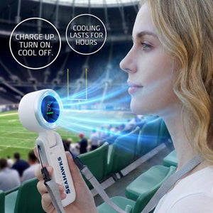 Person holding a Seattle Seahawks branded handheld fan at a stadium