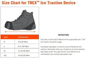 Trex ice traction device size chart showing US mens shoe sizes for medium through extra extra large