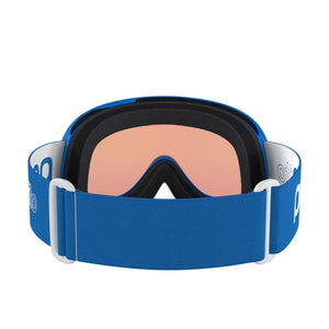 POC blue ski goggles with pink lens and white strap