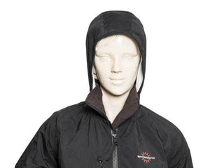 Warm and Safe black hooded jacket on a mannequin