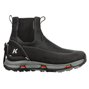 Korkers black waterproof slip on boot with grey midsole and orange accents