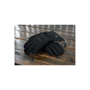 Seirus black heated gloves on a wooden surface