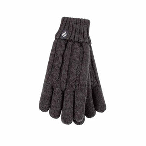 Heat Holders dark grey cable knit gloves with ribbed cuffs and brand logo