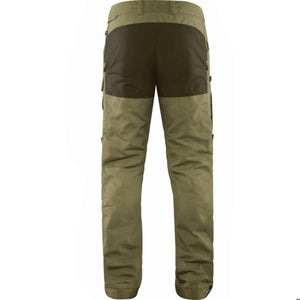Back view of FjallRaven olive green trousers with dark brown reinforced seat