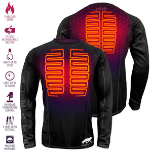 Aheata long sleeve heated base layer shirt with front and back heating elements and feature icons