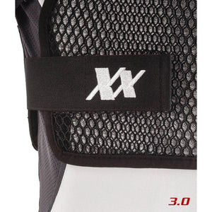 Close up of black mesh fabric with a branded strap featuring a white logo