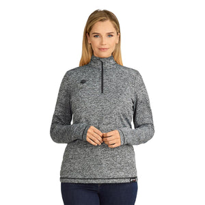 Woman wearing a Venture Heat grey heathered long sleeve quarter zip heated pullover