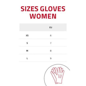 Lenz women glove size chart showing EU sizes 6 to 9 corresponding to XS to L