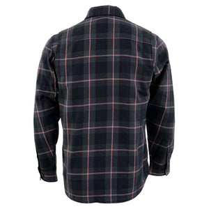 Back view of a long sleeve black and grey plaid flannel shirt with thin red grid lines