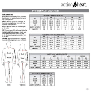 ActionHeat 5V outerwear size chart for men women unisex and youth body measurements