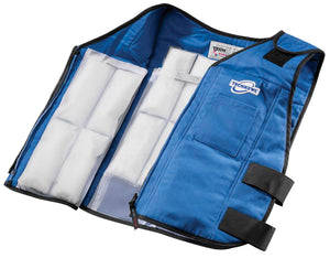 TechKewl blue cooling vest with white mesh interior pockets
