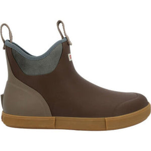 Brown waterproof ankle boot with tan rubber sole and grey collar
