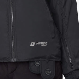 Close up of black Venture Heat jacket with branded logo and control buttons