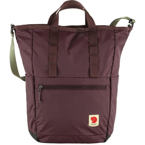 Fjallraven burgundy tote bag with olive green shoulder strap and front zipper pocket