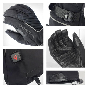 Gerbing heated motorcycle gloves showing palm leather detail, wrist strap, and power button