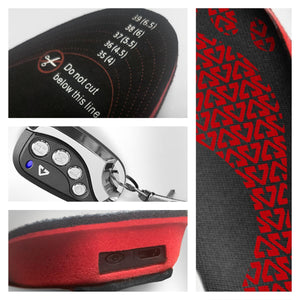 Heated insoles with size guide, remote control, and charging port