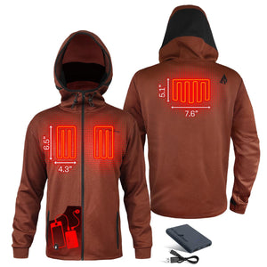 ActionHeat brown hooded jacket showing heating element dimensions and battery pack