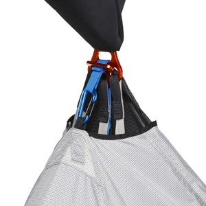 Black Diamond tent attachment point with orange metal hardware and blue carabiner