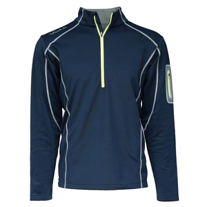 Volt Heat navy blue quarter zip pullover with neon yellow zipper and sleeve pocket