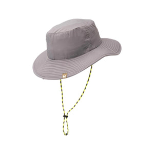 Grey Mission bucket hat with a yellow and black adjustable chin strap