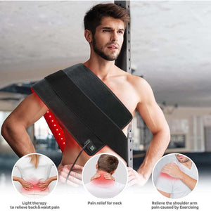 UTK Technology red light therapy wrap worn across the shoulder with inset images showing back neck and shoulder use