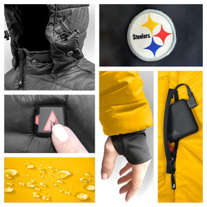 ActionHeat Steelers jacket details showing hood, logo, power button, battery pack, and water resistant fabric
