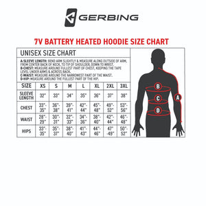 Gerbing 7V battery heated hoodie unisex size chart with measurement instructions and body diagram