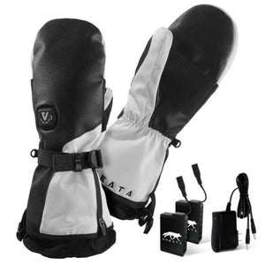 Aheata black and white heated mittens with two batteries and a power charger