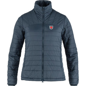 Fjallraven dark blue quilted zip up jacket with stand up collar and brand logo