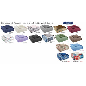 Shavel Microflannel blankets in various colors and patterns with sherpa reverse