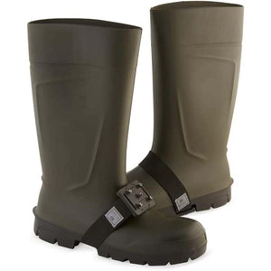 Olive green rubber boots with black K1 ice traction cleats attached